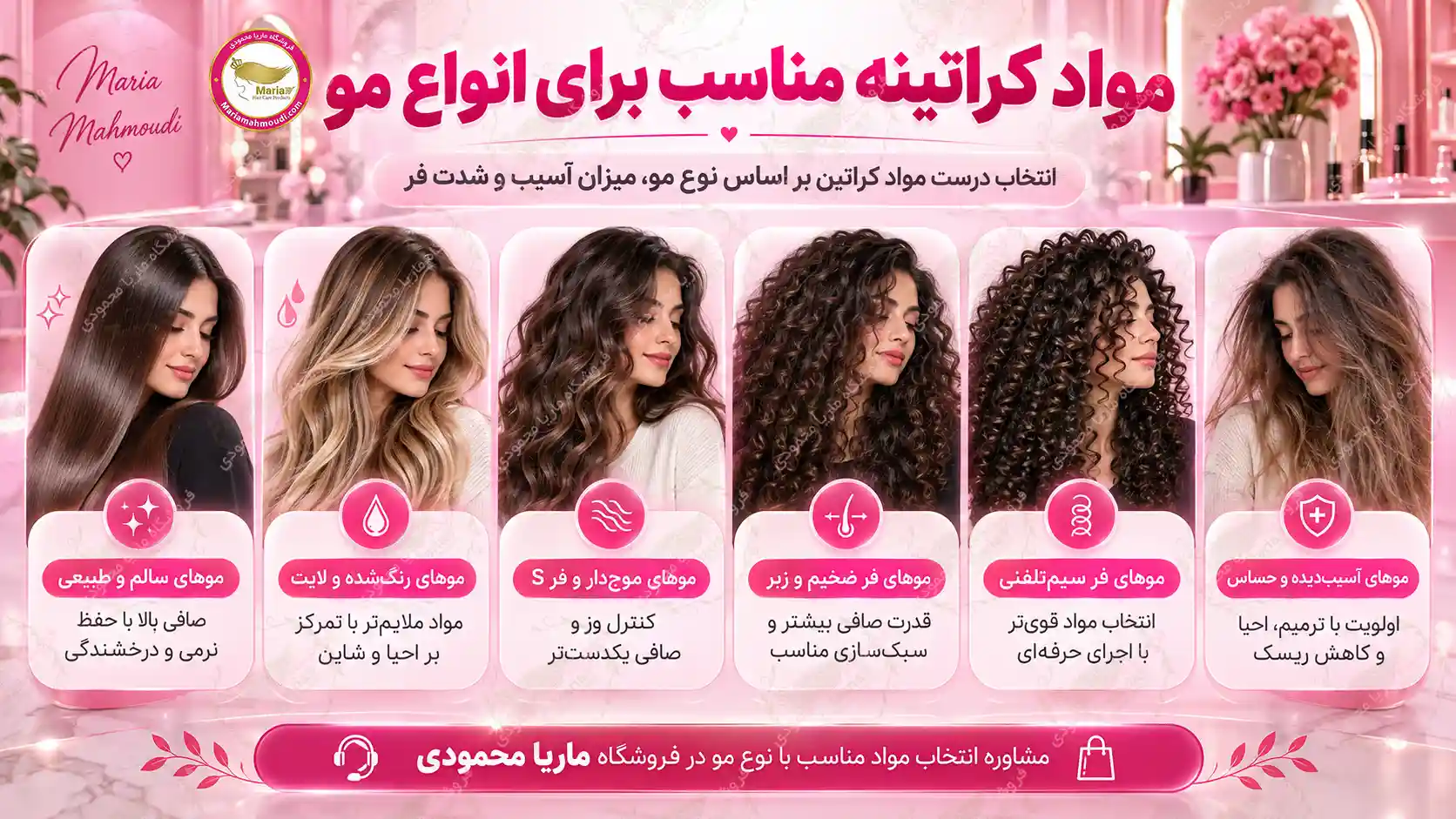 راهنمای انتخاب مواد کراتین متناسب با موهای سالم، لایت، موج دار، فر ضخیم، فر سیم تلفنی و موی آسیب دیده