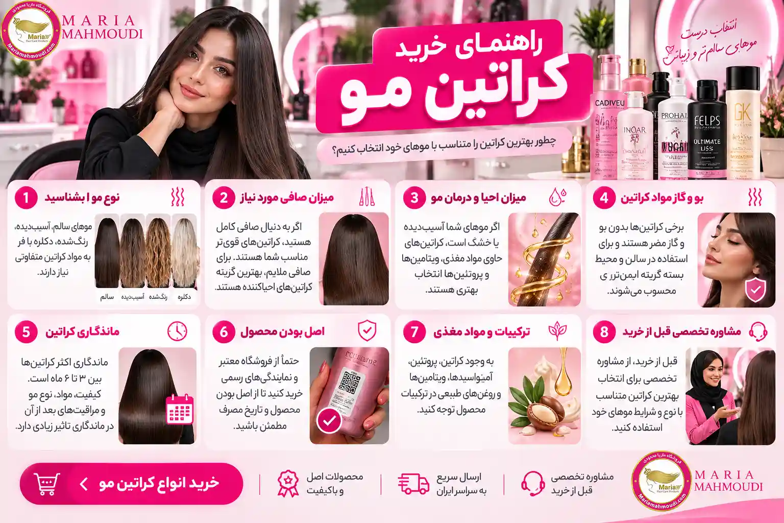راهنمای خرید کراتین مو با بررسی نوع مو، میزان صافی، احیای ظاهری، بو، ماندگاری، اصالت و مشاوره